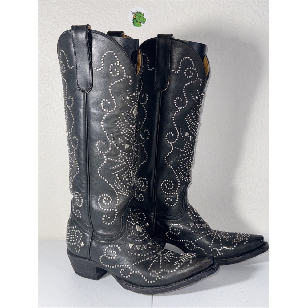 Old Gringo Black Leather 14" Tall Studded Western Gothic Cowboy Boots Size 6.5
